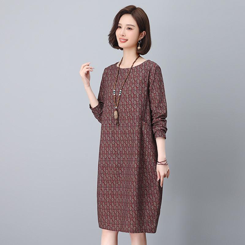 2025 Retro Floral Loose Fit Dress for Women - Spring & Autumn, Round Neck, Perfect for Middle-Aged Mothers