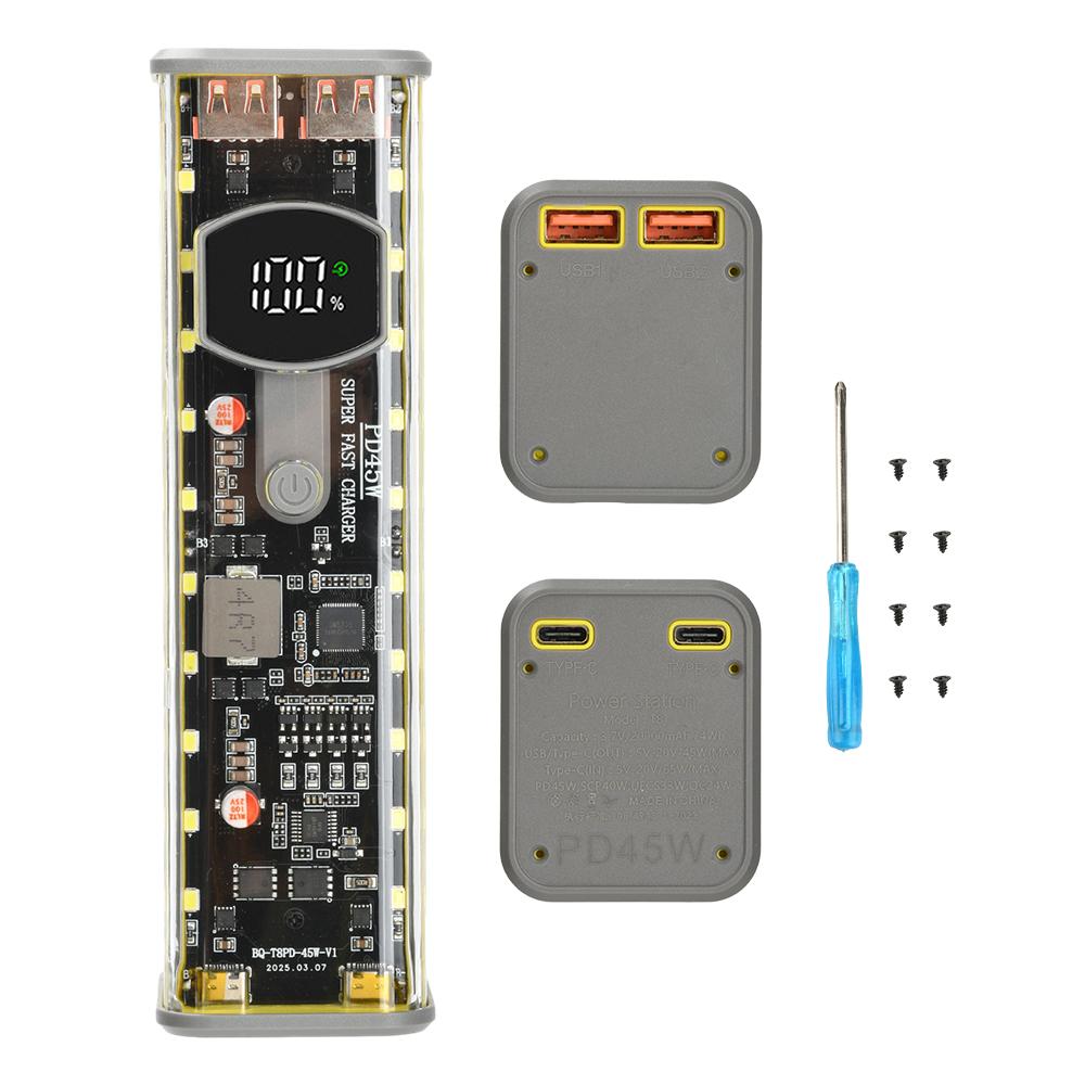 

45W 8*18650 Transparent Power Bank Case DIY Electronic Kit With Light Digital Display Fast Charge Battery Storage Box USB TypeC жовтий