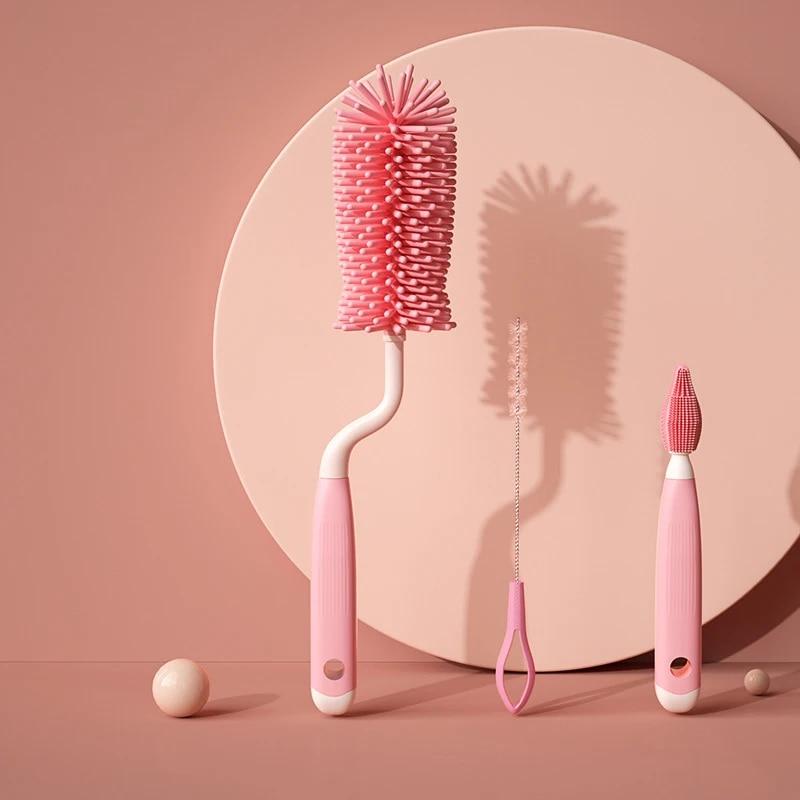3-piece Silicone Bottle Brush 360° Rotating Baby Nipple Brush Bottle Brush Brush Bottle Cleaning Brush Set