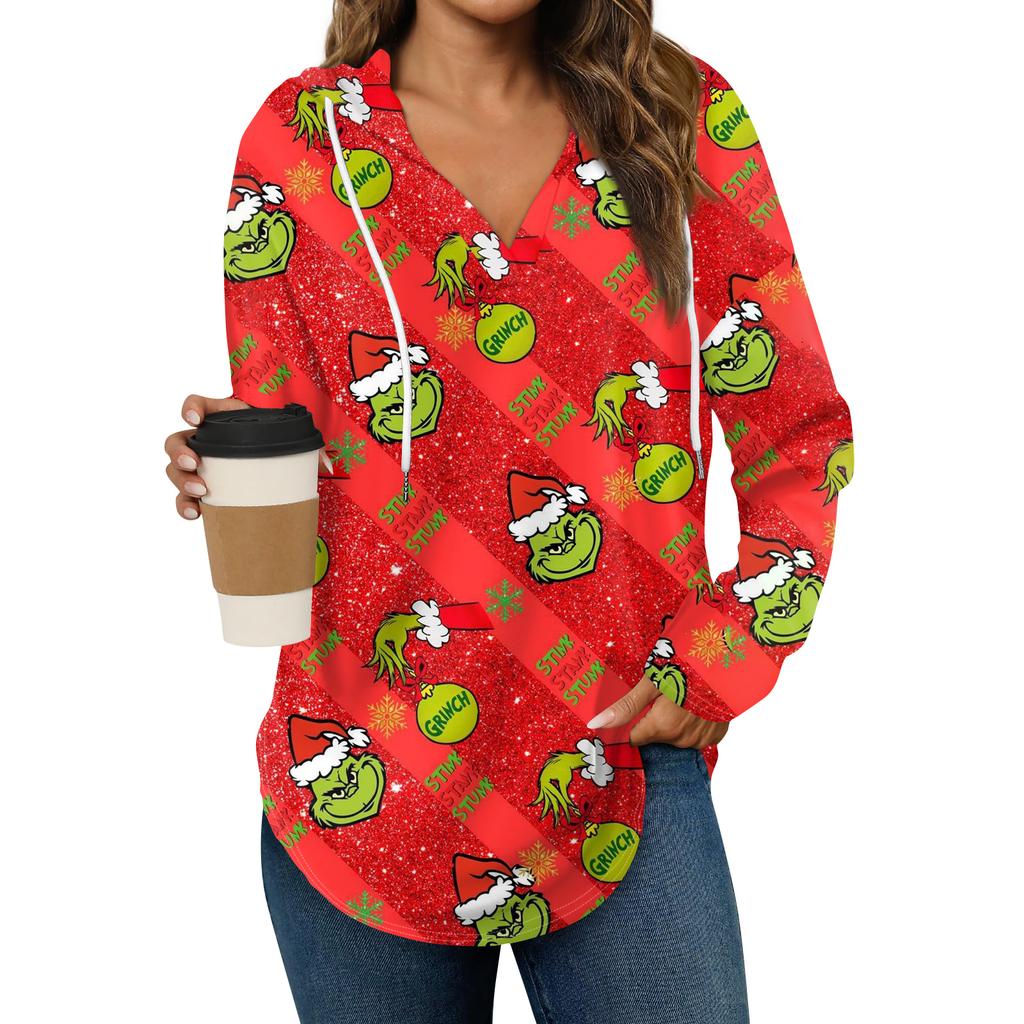 Women's Fashion Hoodies V Neck Long Sleeve Christmas Printed Drawstring Casual Loose Pullover Tops