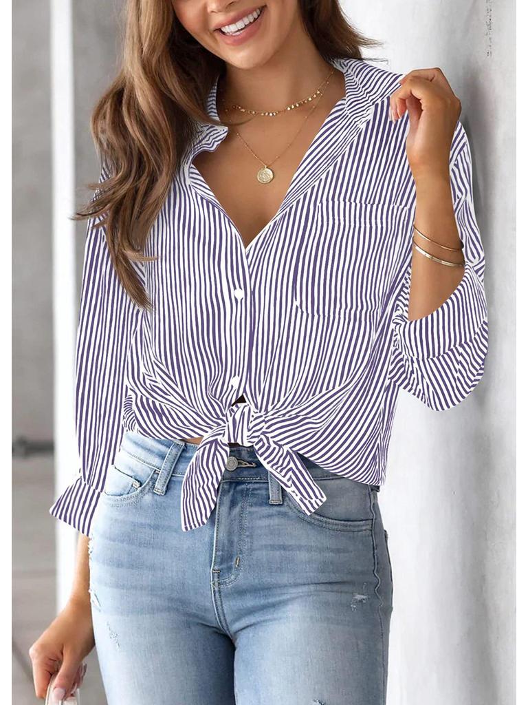 Women's Striped Long Sleeve Collared Button-Down Shirt with Pocket