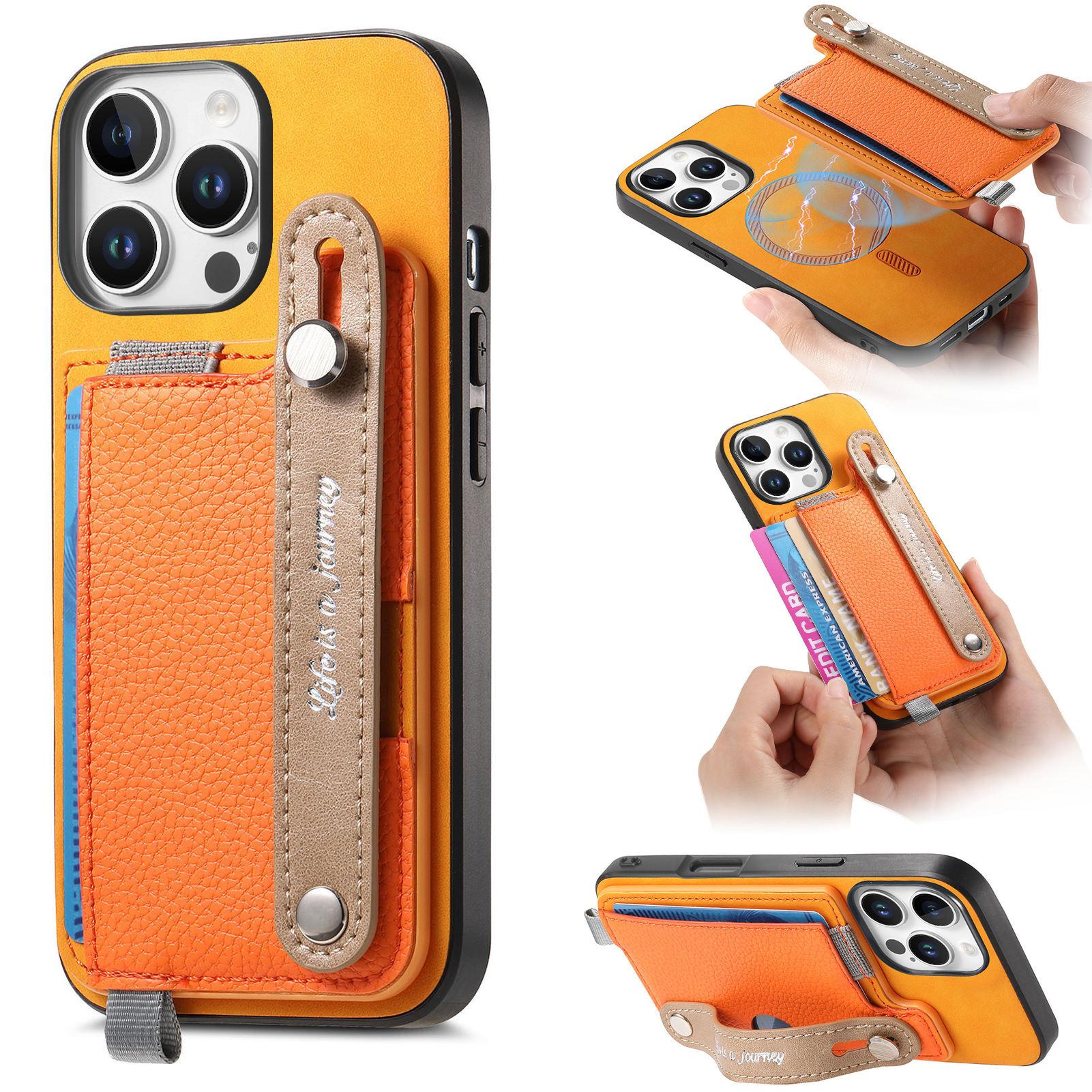 

For iPhone 16 Pro Max Magnetic Leather Back Case with Detachable Card Holder and Wristband Orange