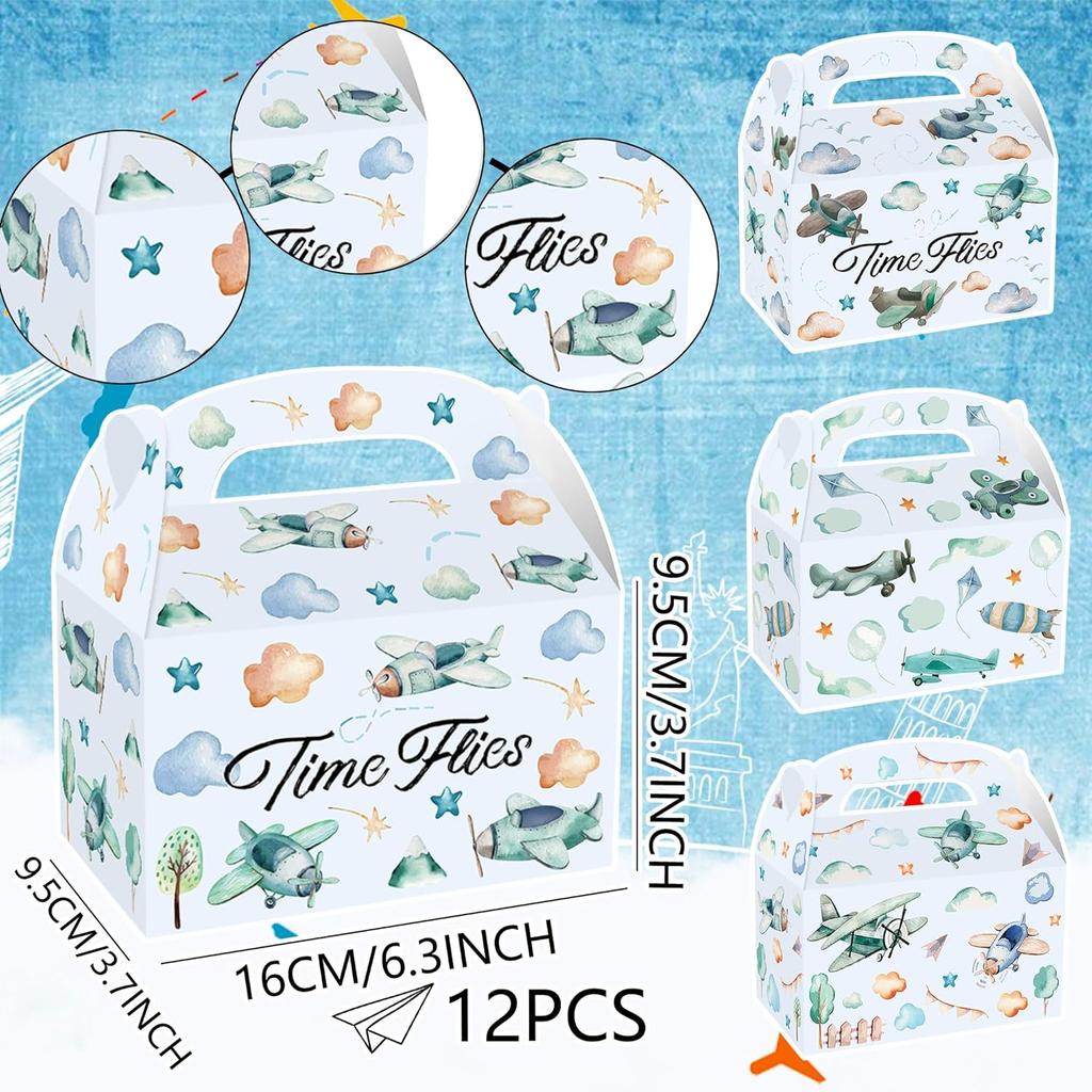 12 PCS Airplane Party Treat Boxes Birthday Decorations Plane Themed Party Favor Gift Box Bags Goodie Candy for Time Flies 1st Birthday Baby Shower