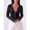 Womens Lace Trim Solid V Neck Long Sleeve Slim Fit Knit Cardigan Top