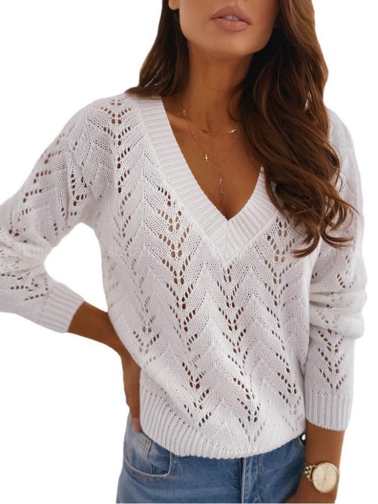Polka Dot Solid Colour Mocha Lace Up V Neck Knit Sweater for Women Luxurious Relaxed-fit Slimming and Versatile Top