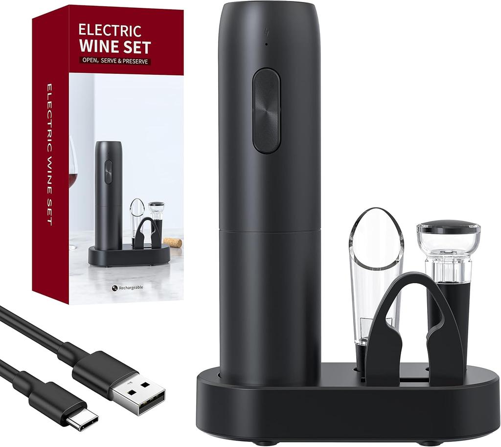 Electric Wine Bottle Opener Gifts Set Rechargeable Black Automatic Wine Opener with Led Light USB Charging Wine Corkscrew Kit