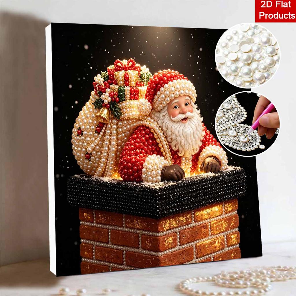 Framed Pearl Art DIY Kit with Santa Claus Chimney Pattern 3D Sparkling Bead Canvas Painting Handmade Gift for Home Decoration Wall Art
