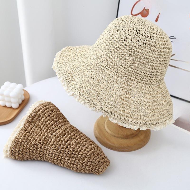 Women's Hat Summer Vacation Leisure Straw Sun Hat 2026 New Summer Light Lace Trim Pure Color Versatile Bucket Hat for Ladies