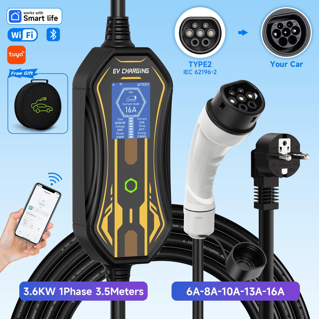 3.6KW Portable EV Charger Type2/Type1/GBT WiFi APP Control 16A 3.5M Cable for Electric Car Home Charging Wallbox