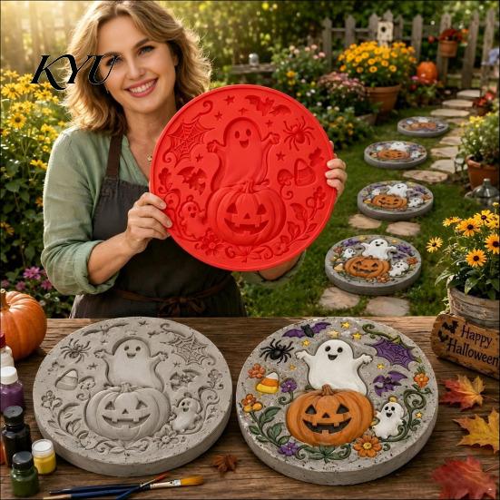 Formy na betonové nášlapné kameny Silikonová forma pro Halloween DIY Zahradní cestička, Flexibilní Znovu použitelná Forma na lití Cementu, Slunečnice Kočka Dýně Umělecká Dekorace Terasa