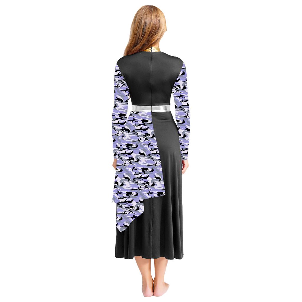 Womens Praise Dance Dress Mock Neck Long Sleeve Tunic Design High Waist Asymmetrical Hem Lyrical Costume