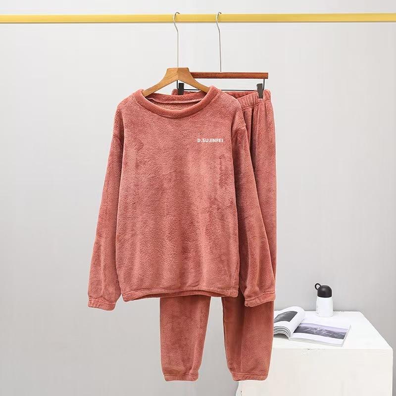Women's Flannel Warm Home Sleepwear Sets Solid Color Round Neck Fleece Thick Pullover Lady Pajamas Long Sleeve Pants Casual 2Pcs