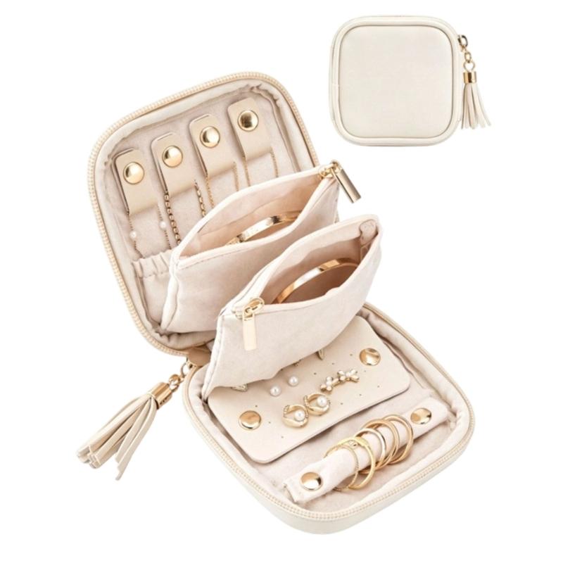 Travel Jewelry Storage Case with Dedicated Compartments, Ring Roll, Earring Holders, Pouches, and Zip-Around Closure