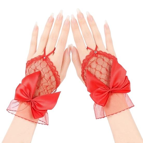 Women Lace Gloves Fingerless Mesh Gloves with Bow Embellishment for Wedding Princess Style Stage Performance Ballet Party Cosplay Bridal Accessories