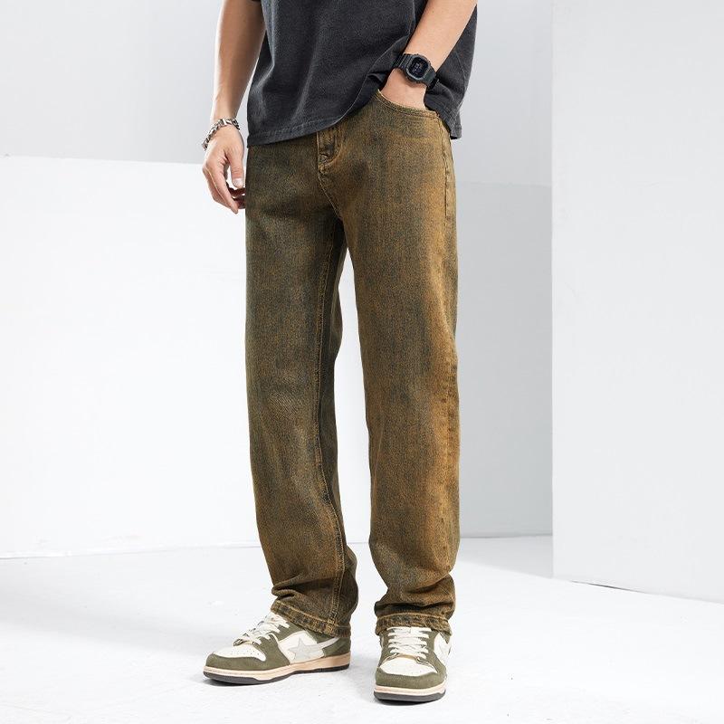 Fable Men's Yellow Spring And Summer New Loose Straight American Retro High Street Stretch Denim Trousers Cm