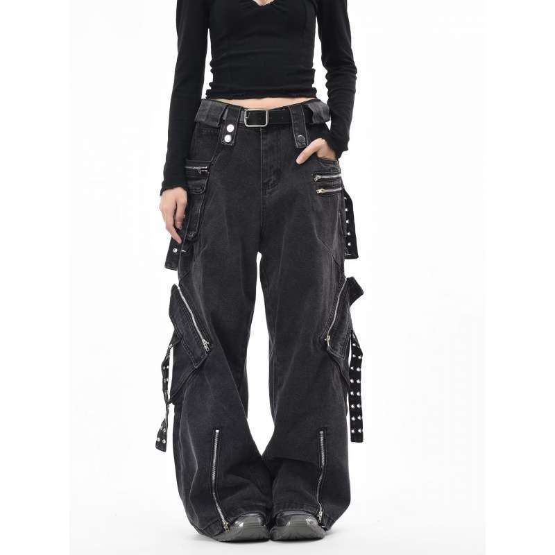 JYL Unisex Cargo Pants American High-Street Multi-Pocket Winter Black HipHop Denim M амарантовый