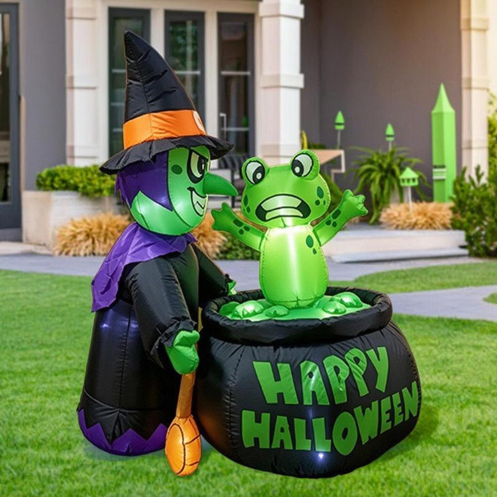 Inflatable Witch with Frog Builtin LED Green Yard Inflate Decoration for