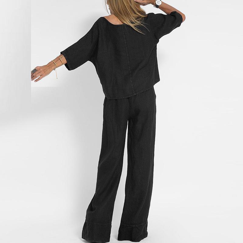 Lässige Mode Taschentaschenhose Strandanzug Frühling und Sommer Kurzarm Anzug für Damen Einfarbige Leinen Zweiteiler