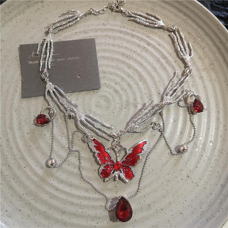 Gothic Y2K Punk Red Butterfly Black Heart Cross Pendent Chain Necklaces For Women Men Halloween Grunge EMO Jewelry Accessories