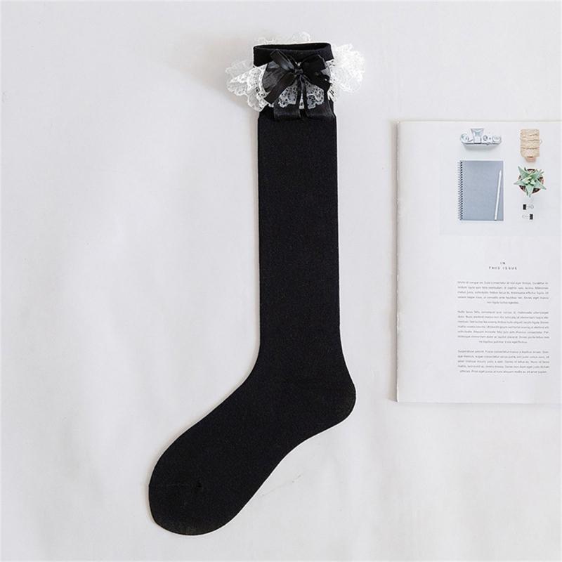 Women Japanese Style JK Ruffle Lace Trim Calf Long Socks Sweet Bowknot Princess Cotton Knee High Socks Stockings Hosiery