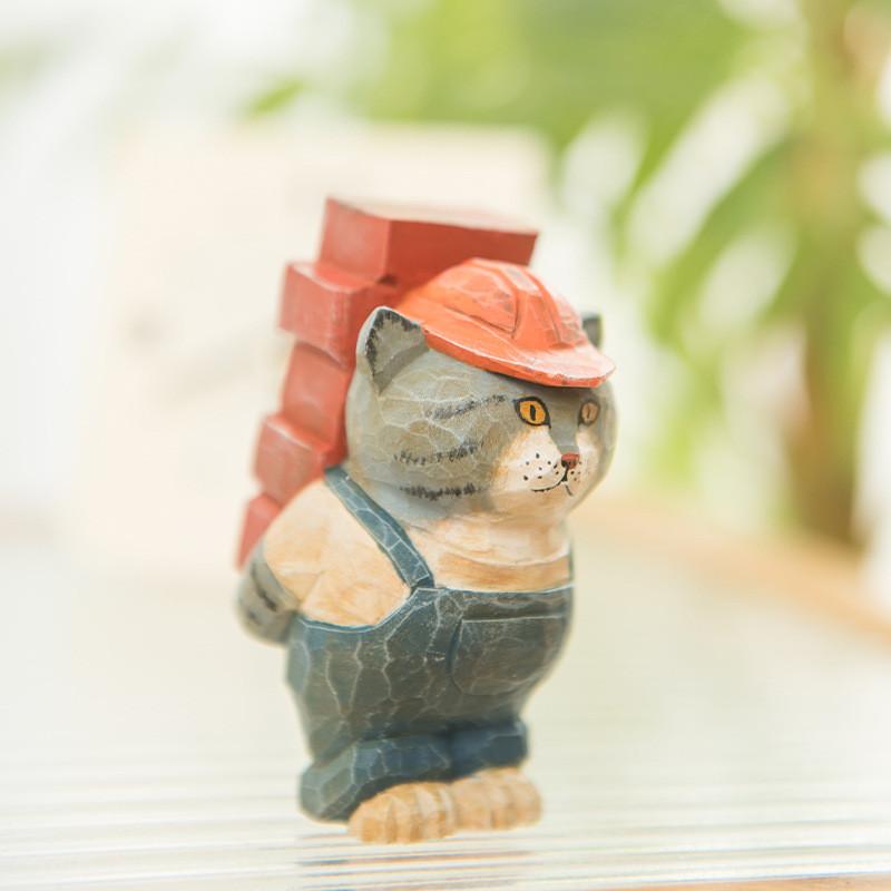 Cat Sculpture Handcrafted Wooden Figurine Decorative Home Office Accessory