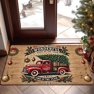 Christmas Pickup Truck with Tree Print Mat, Thick Sponge Anti-Slip Pad, Soft Absorbent Rug for Bedroom Living Room Holiday Decor