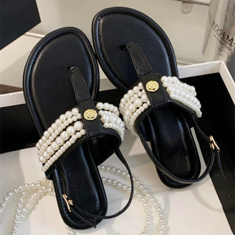 

Fashion Elegant String Bead Metal Flower Design Flat Slippers Women Sexy Clip Toe Back Strap Buckle Flip Flops Summer Brand Beach Sandal 35 чорний