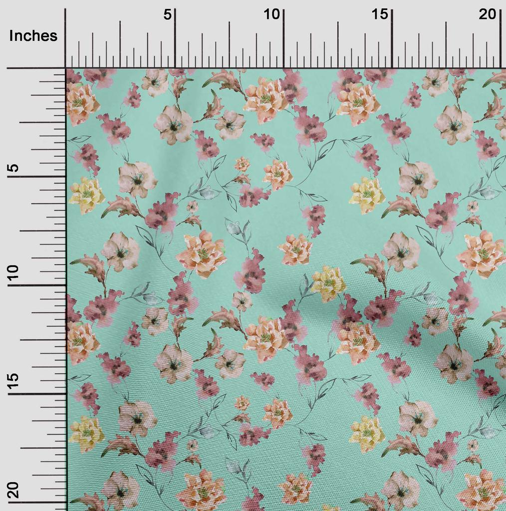 oneOone Cotton Flex Aquamarine Fabric Flower & Leaves Watercolor Sewing Fabric By The Yard Printed Diy Clothing Sewing Supplies 40 Inch