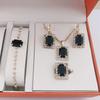 European and American Square Diamond Jewelry Set, Colorful Rhinestone Necklace, Earrings, Ring Bracelet Set, Bridal Jewelry.