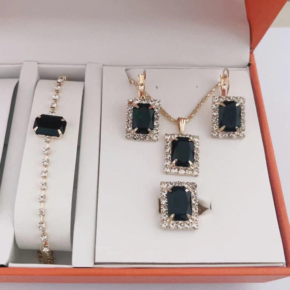 European and American Square Diamond Jewelry Set, Colorful Rhinestone Necklace, Earrings, Ring Bracelet Set, Bridal Jewelry.