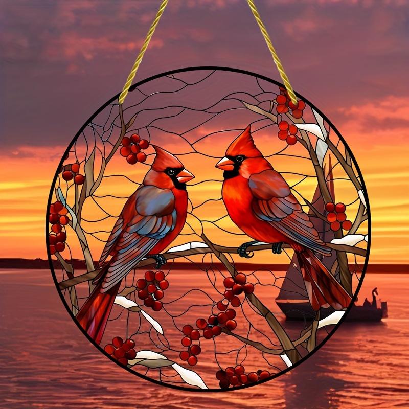 2D Flat Charming Style Round Acrylic Cardinal Bird Decoration Sign, Home Decor Plaque Hanging Wall Art Decorative Garden Decoration for Room Door Sign