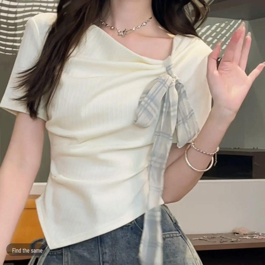 Sweet Spicy Girl Irregular Tie-Up Short Sleeve T-shirt - Summer Slim Fit & Stylish Design for Women