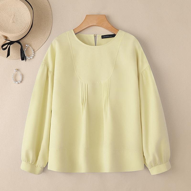 ZANZEA Women Casual Round Neck Solid Color Long Sleeve Blouse