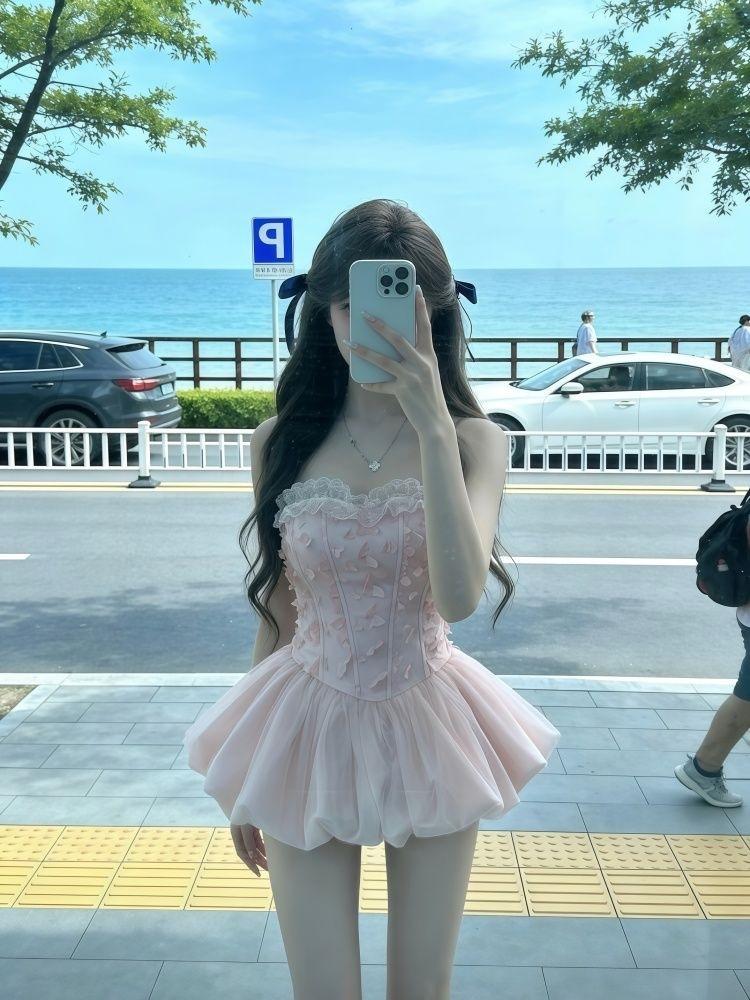 Niche Romantic Sweet Bud Skirt Women's Summer New Beautiful Three-dimensional Small Butterfly Waist Dress Princess Dress