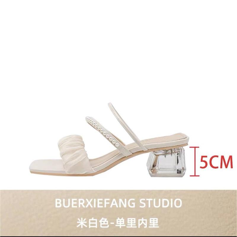 

Pearl sandals women s outer wear medium heel 2023 summer crystal transparent thick heel silk mesh cool slippers 40