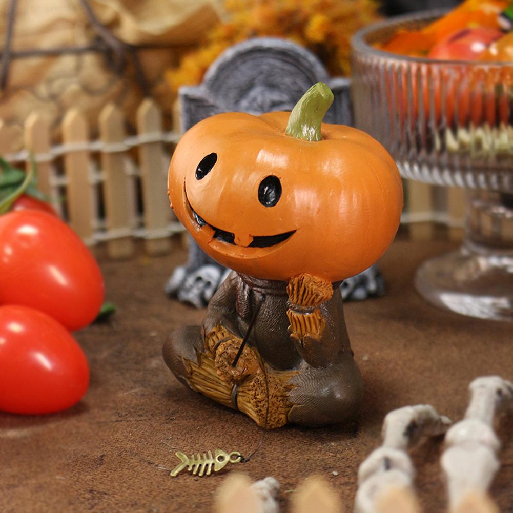 Pumpkins Scarecrows Fishing Figurine Cute Smile Pumpkins Head Fishers Sculpture Outdoor Garden Statue for Halloween