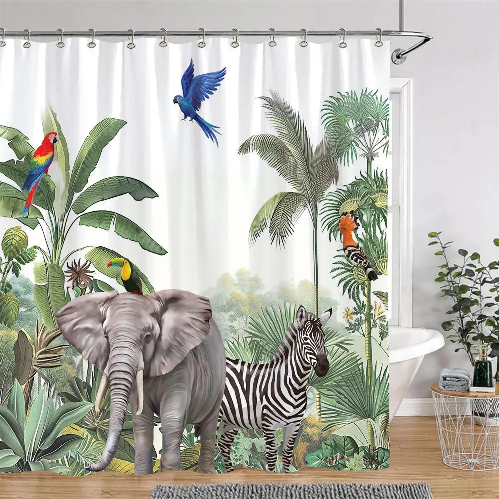 Tropical Botanical Jungle Animal Shower Curtain Coconut Flamingo Giraffe Bluebird Polyester Fabric Shower Curtain Bathroom Decor