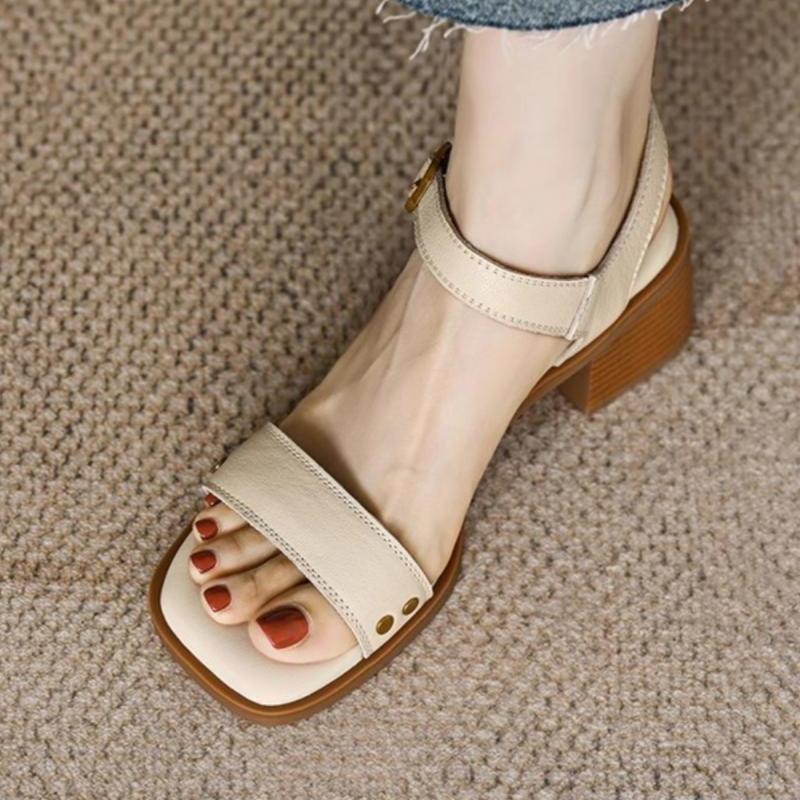 Retro Thick-heeled Sandals Women's Summer 2025 New Foreign-style Open-toed Non-slip Soft-soled One-word Buckle Women's Sandals