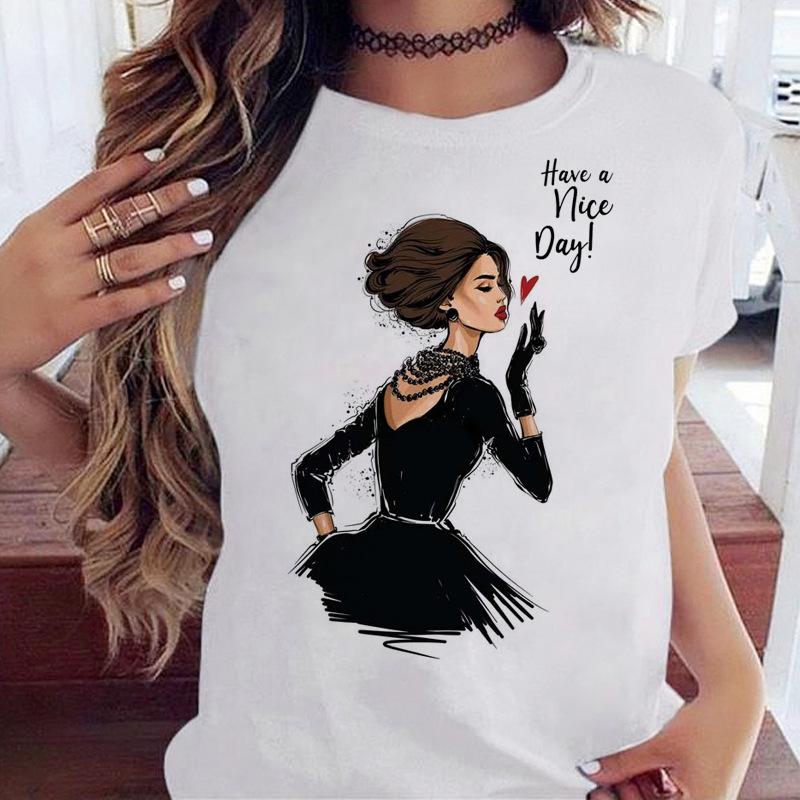 Women's Top Urban Girl Printed Casual White Cute Simple Retro Front Shoulder Pure Cotton Short Sleeved T-Shirts Women’s
