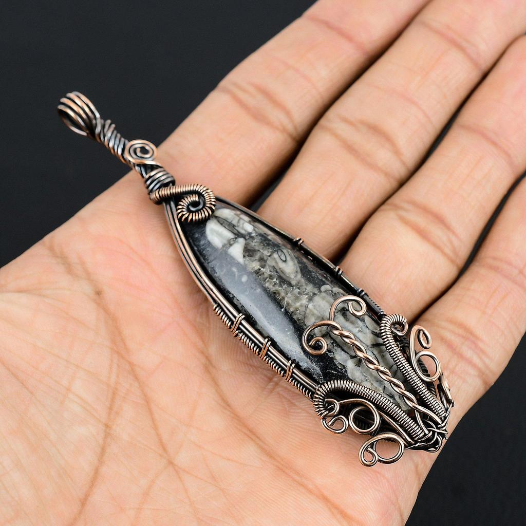 Orthoceras Fossil Jewelry, 999 Copper Wire Wrapped Pendant Handmade Gemstone Jewelry, Gifts For Wedding Pendant