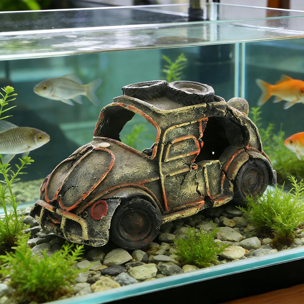 Aquarium Car Wreckage Ornament Resin Fish Shrimp Hiding Cave Fish Tank Decor Aquascaping Accessories