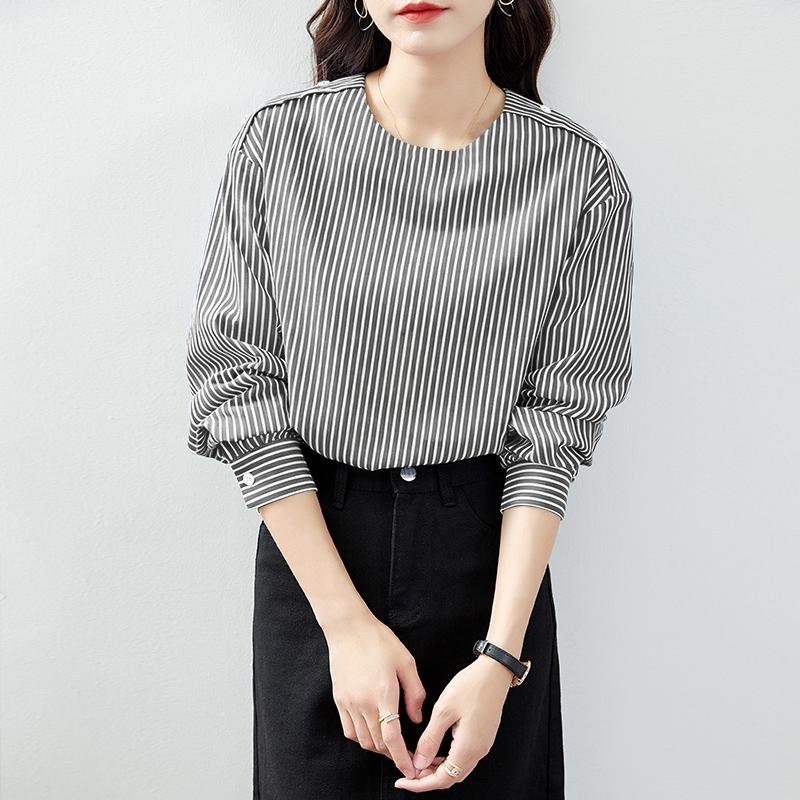 ZANZEA Women Casual Round Neck Loose Long Sleeve Stripe Blouse