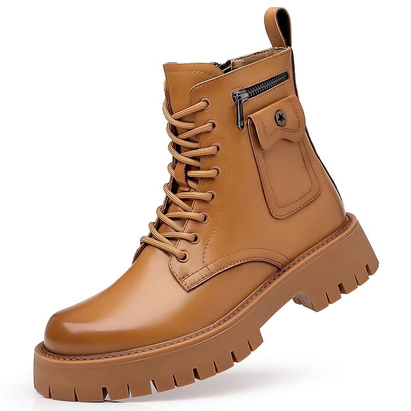 High Quality Men Autumn Winter Short Boots 2025 New Fashion Zip Side Pocket Design Leather Anti-slip Lace-up Man Platform Shoes