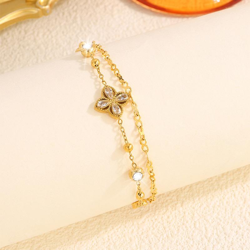Titanium steel bracelet that does not fade, light luxury four-leaf clover with diamonds, stainless steel bracelet for women, high-end double-layer