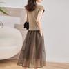 2024 Summer Women's Slim Organza Dress: Ice Silk Knit Waist Two-Piece Set