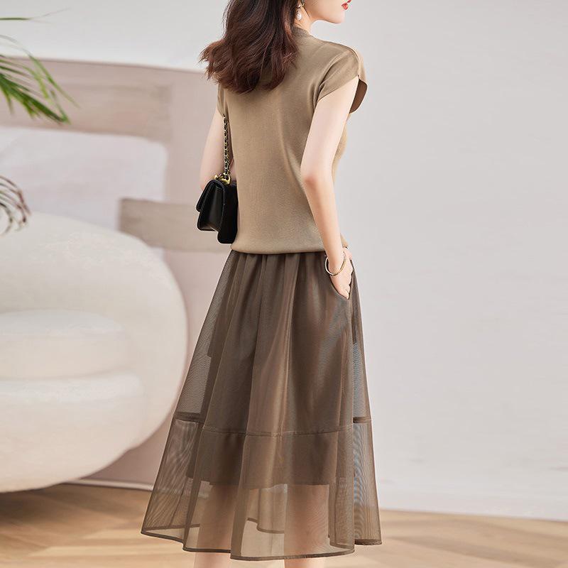 2024 Summer Women's Slim Organza Dress: Ice Silk Knit Waist Two-Piece Set