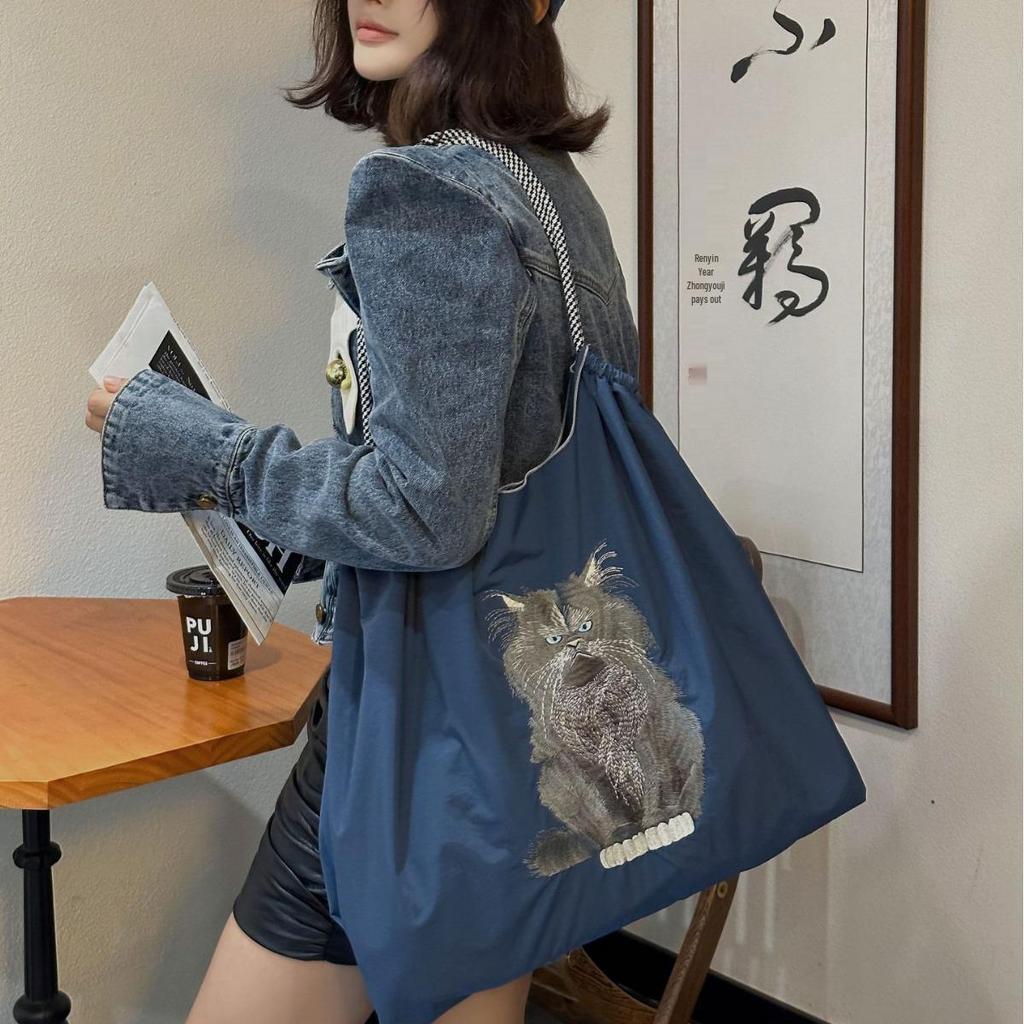 Trendige blaue bestickte Bucket Bag - Vielseitige Handtasche aus Oxford-Gewebe mit großem Fassungsvermögen