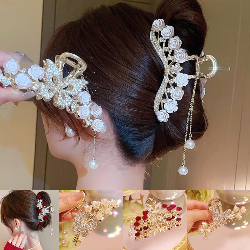 Light Luxury  Bell Orchid Tassel Hair Clip Flowers Rose Butterfly Claw Clip Shark Hair Claw Barrette Hair Accessories