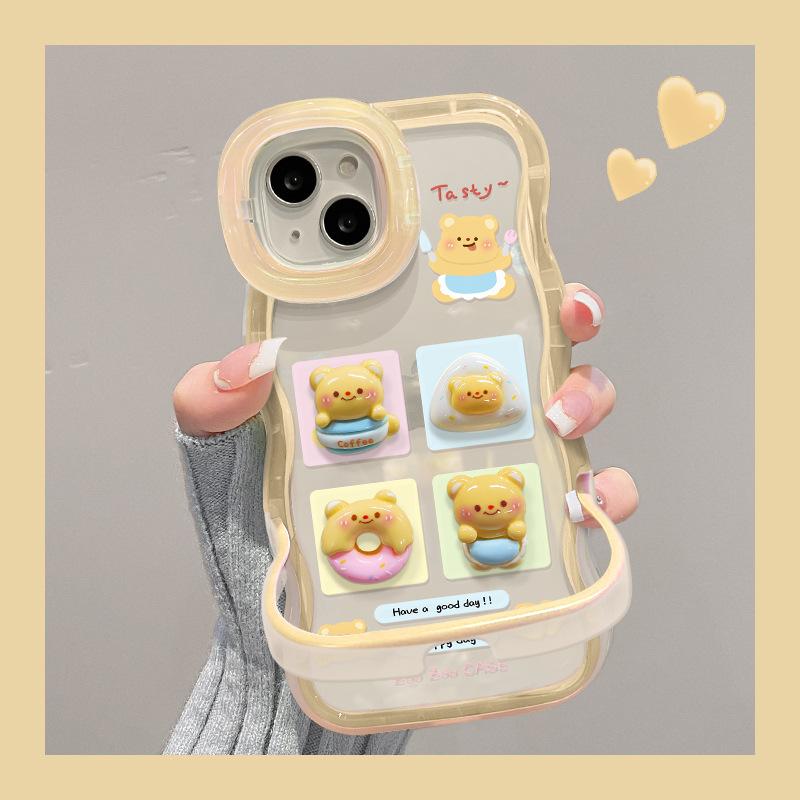 Applicable To Apple 15PM Mobile Phone Case IPhone 14 Four-grid Bear Doll 13 Wavy Side Invisible Double Stand XS