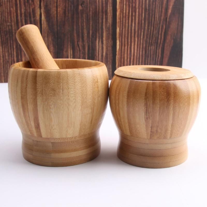 Bamboo Mortars and Pestle Set with Lid Pepper Garlic Spices Grinder Press Crusher Masher Kitchen Tool Grinding Bowl